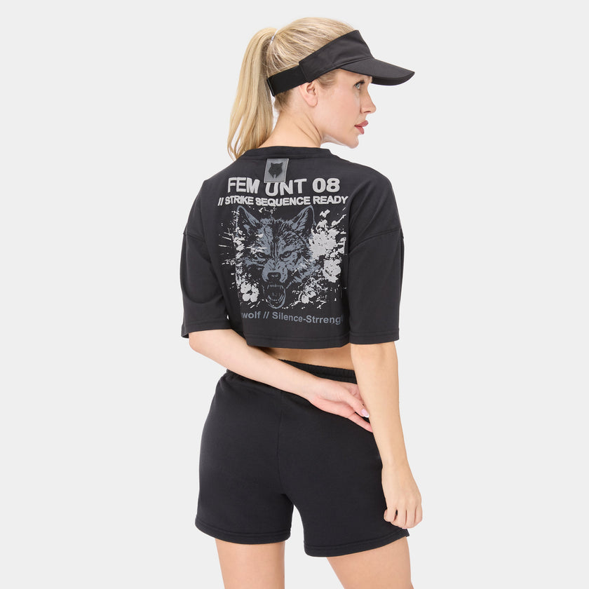 ALPHAFEM.08 CROP TOP — WAR BLACK