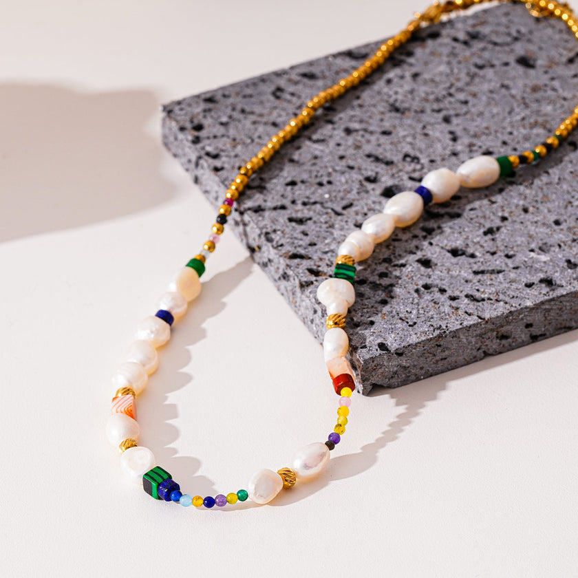 AMADIA: Paradise Found - Colourful Necklace with Gold Beads, Natural Stones, and Freshwater Pearls