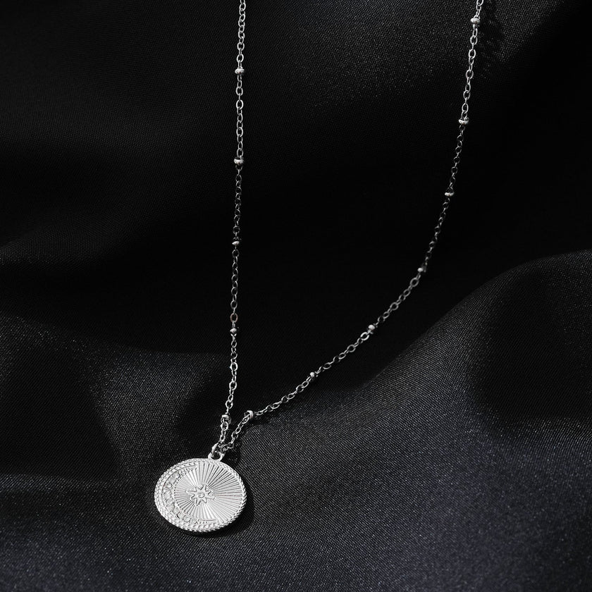 AMASA: Beaded Chain with Star & Pavé Crescent Moon Zirconia Charm - Silver