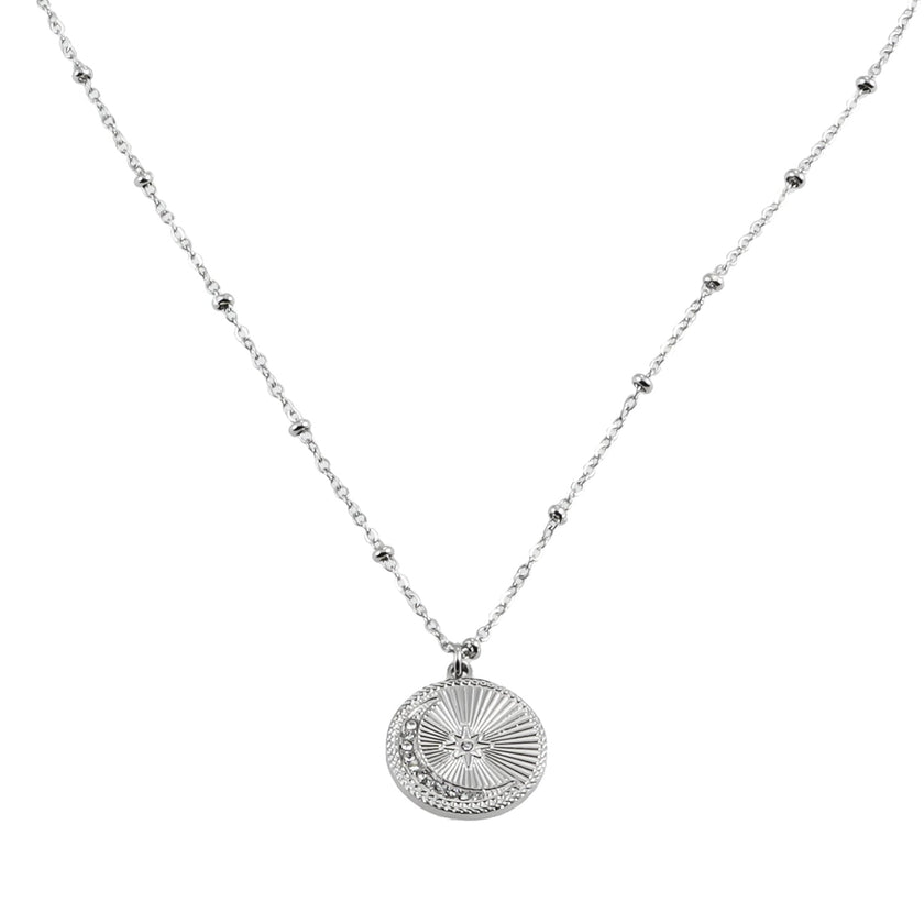 AMASA: Beaded Chain with Star & Pavé Crescent Moon Zirconia Charm - Silver