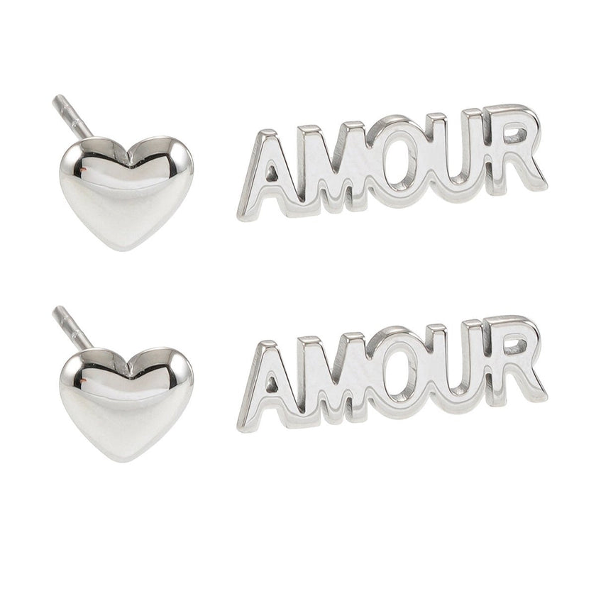 AMOUR & SYMBLE DE CŒUR – Boucles d'oreilles à puces en forme de cœur, en or blanc argenté, pour un look romantique et élégant (lot de 2 paires)
