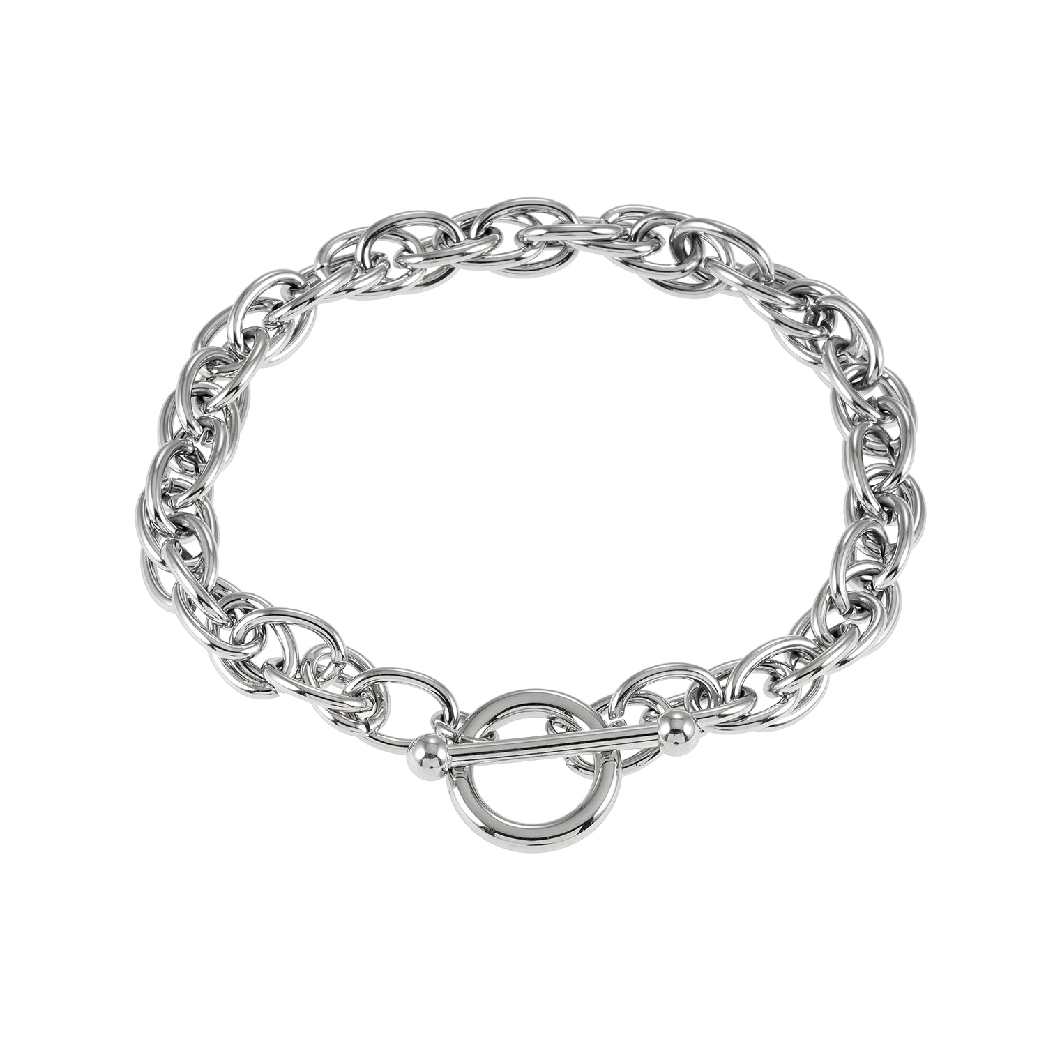 ARDA Silver (White Gold): Chunky Intricate Multi-Link Bracelet with Circle & T-Stopper