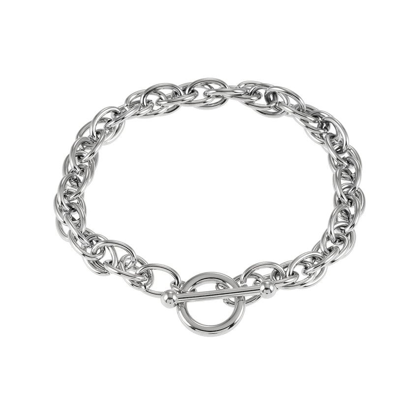ARDA Silver (White Gold): Chunky Intricate Multi-Link Bracelet with Circle & T-Stopper