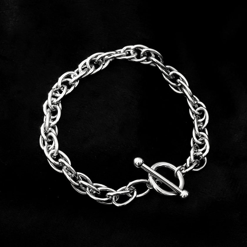 ARDA Silver (White Gold): Chunky Intricate Multi-Link Bracelet with Circle & T-Stopper