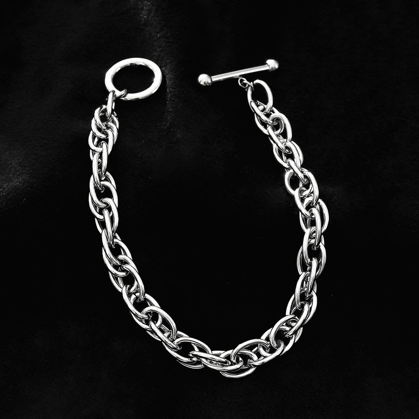 ARDA Silver (White Gold): Chunky Intricate Multi-Link Bracelet with Circle & T-Stopper