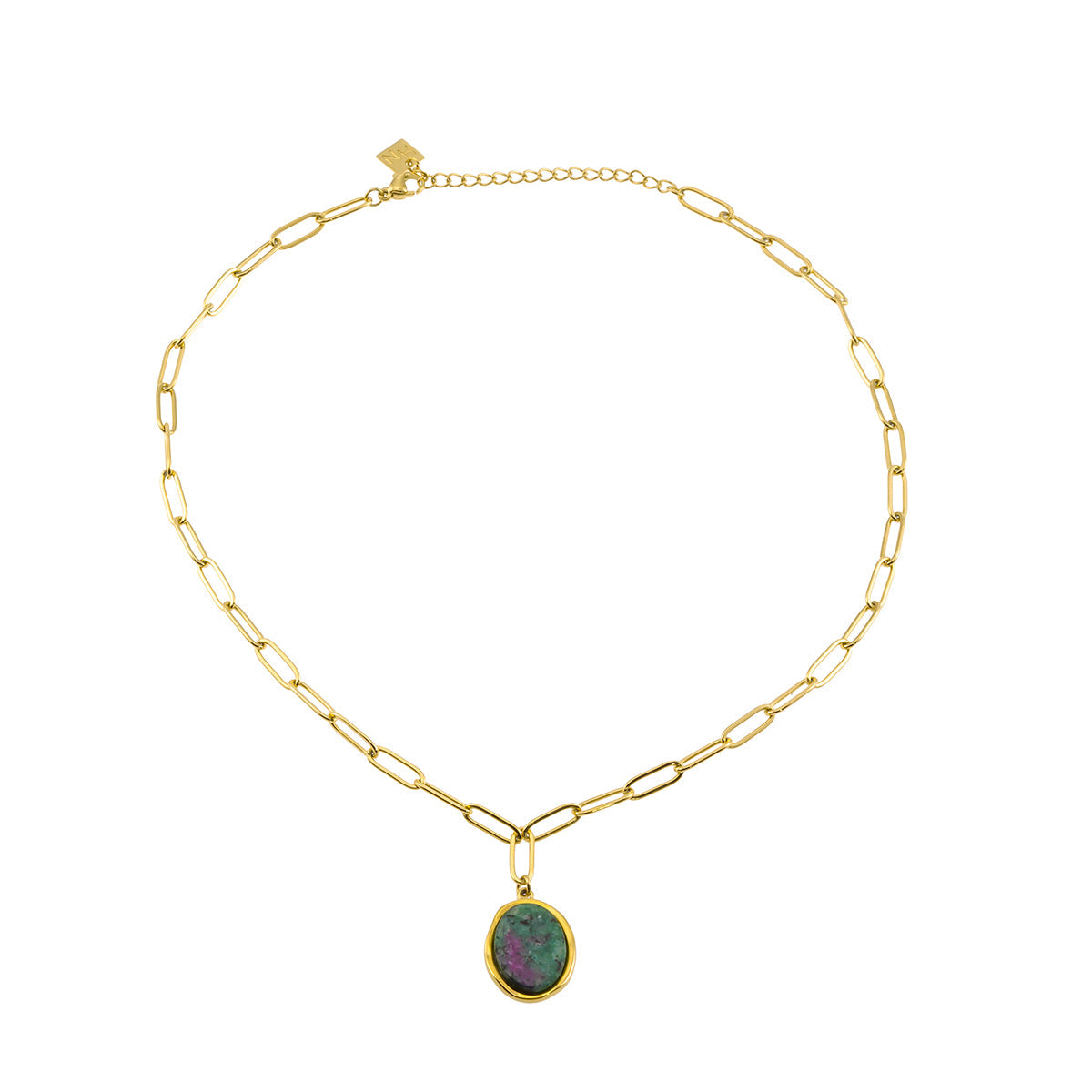 ASAMI : Chaîne contemporaine à maillons plats, sur laquelle est accroché un pendentif ovale en zoïsite rubiné.