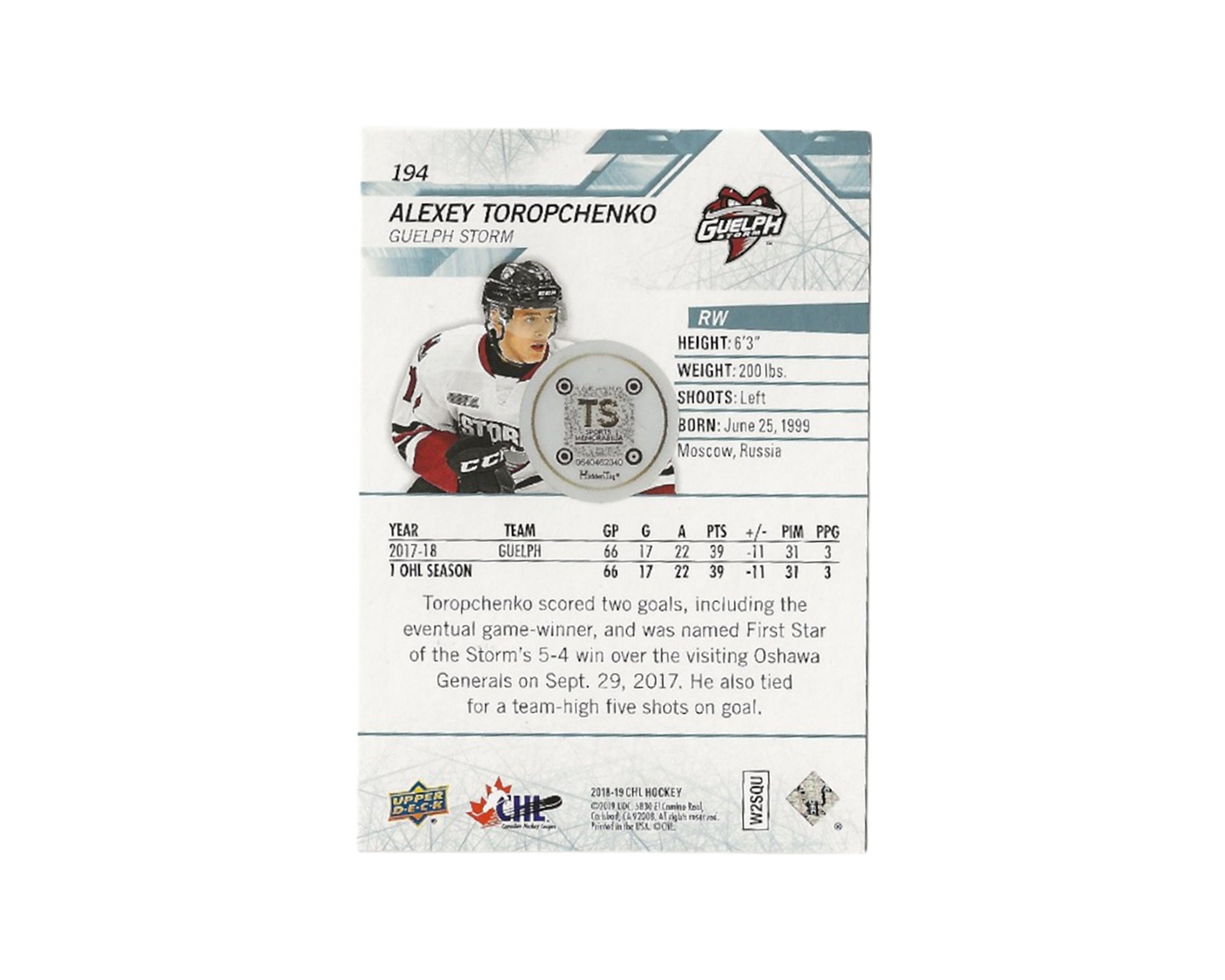 Alexey Toropchenko Autographed 2018-19 Upper Deck CHL #194 Hockey Card