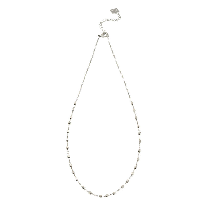 AUREOLE: Essential Daily Chain with Delicate Square Beads in Silver Toned White Gold.