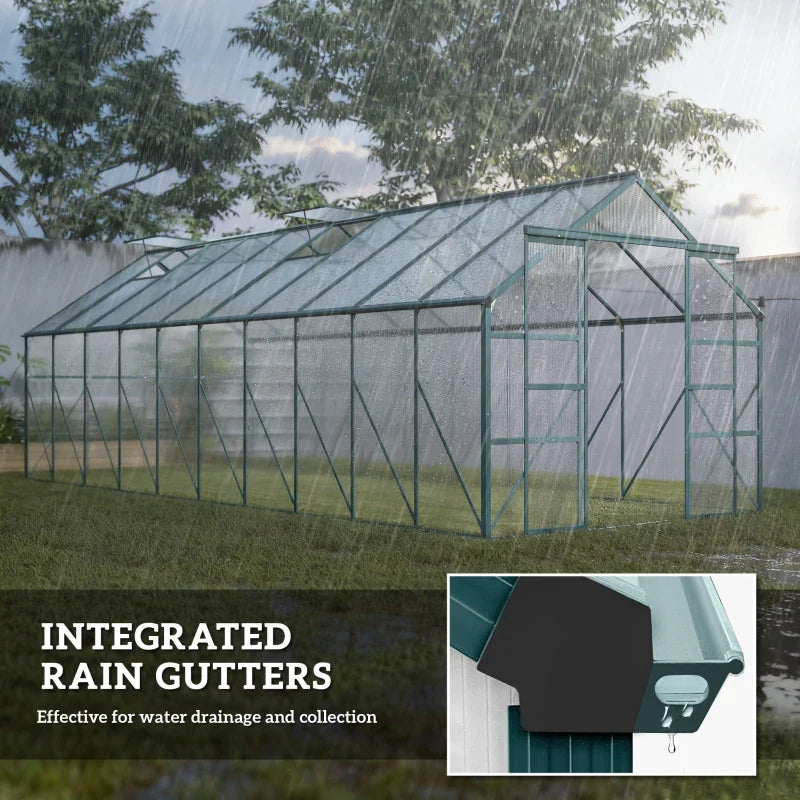 Aluminum Greenhouse Polycarbonate Walk-in Garden Greenhouse with Sliding Door, 20' x 8', Green