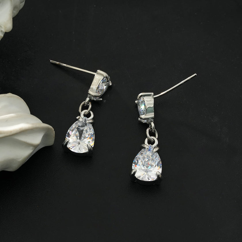 AYER: Radiance Duo Zirconia (CZ) Drop Stud Earrings in Silver Toned White Gold
