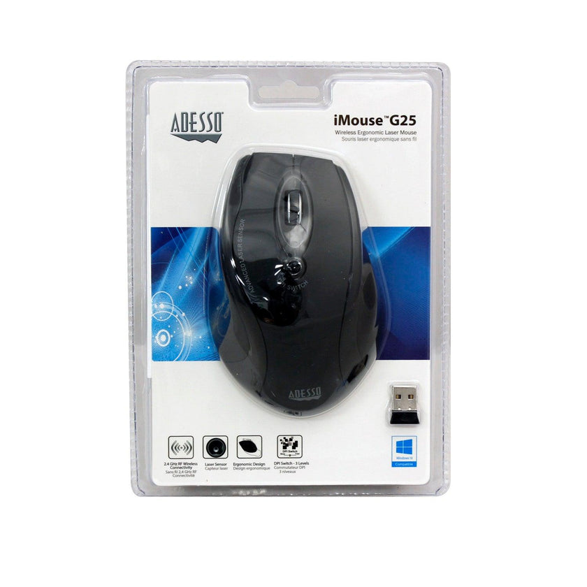 Adesso - Mouse Laser Wireless Ergonomic G25 6 Button up to 1600dpi PC/Mac - Black