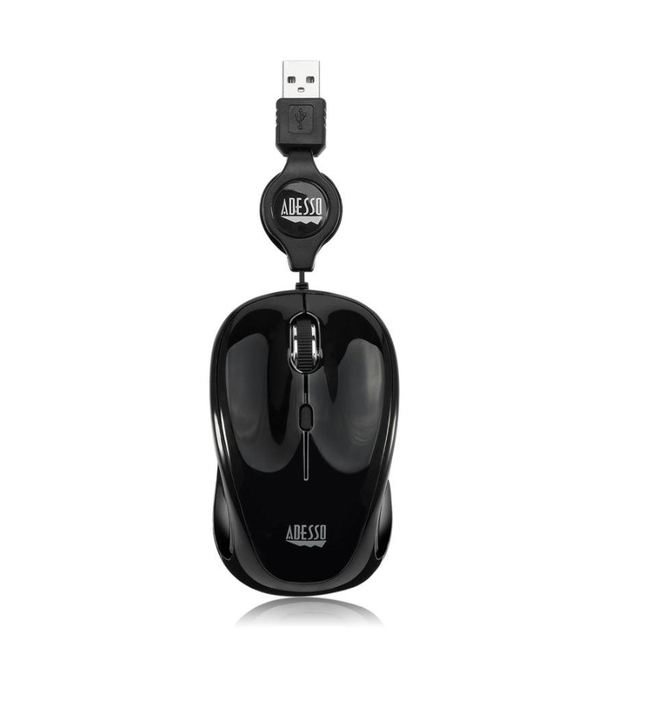 Adesso - Mouse Wired Retractable Cord 25ft S8B 3 Button up to 1200dpi PC/Mac - Black