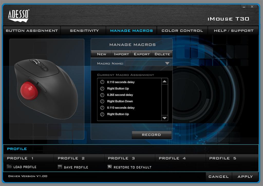 Adesso - Trackball Mouse Wireless Ergonomic iMouse T30 7 Buttons - Black