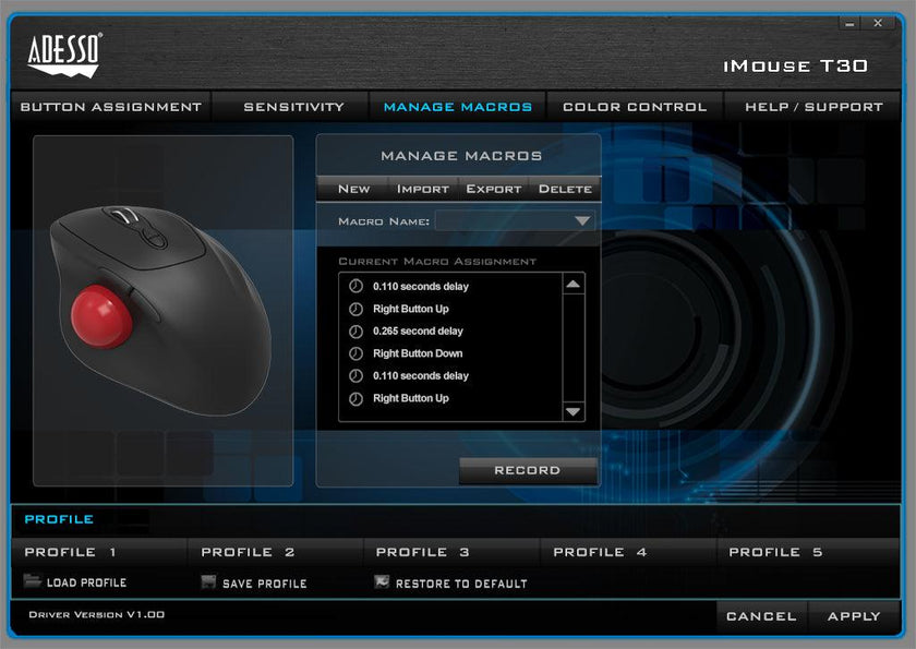 Adesso - Trackball Mouse Wireless Ergonomic iMouse T30 7 Buttons - Black
