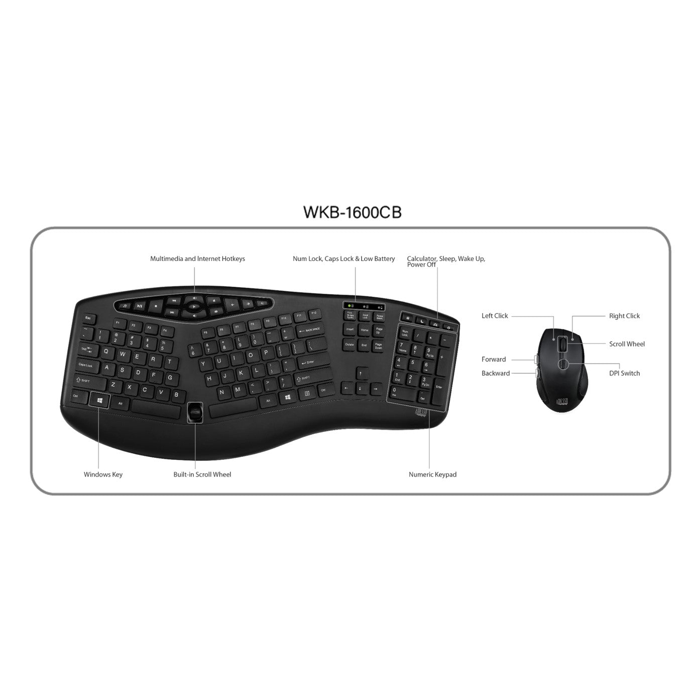 Adesso - TruForm™ 1600 Wireless Ergonomic Keyboard and Optical Mouse (WKB-1600CB) - Canadian French