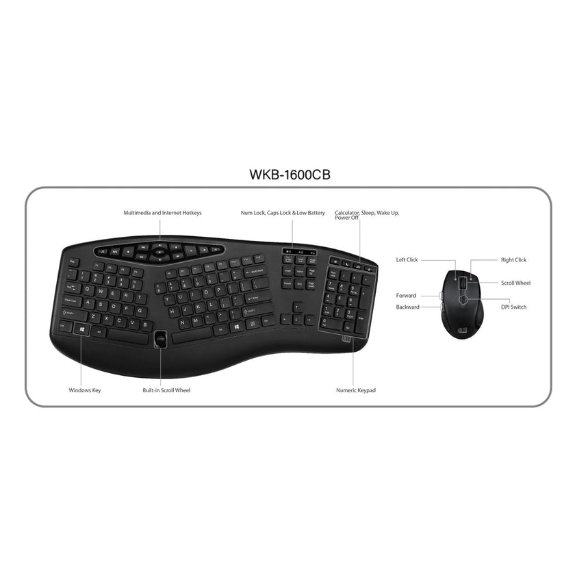 Adesso - TruForm™ 1600 Wireless Ergonomic Keyboard and Optical Mouse (WKB-1600CB) - Canadian French