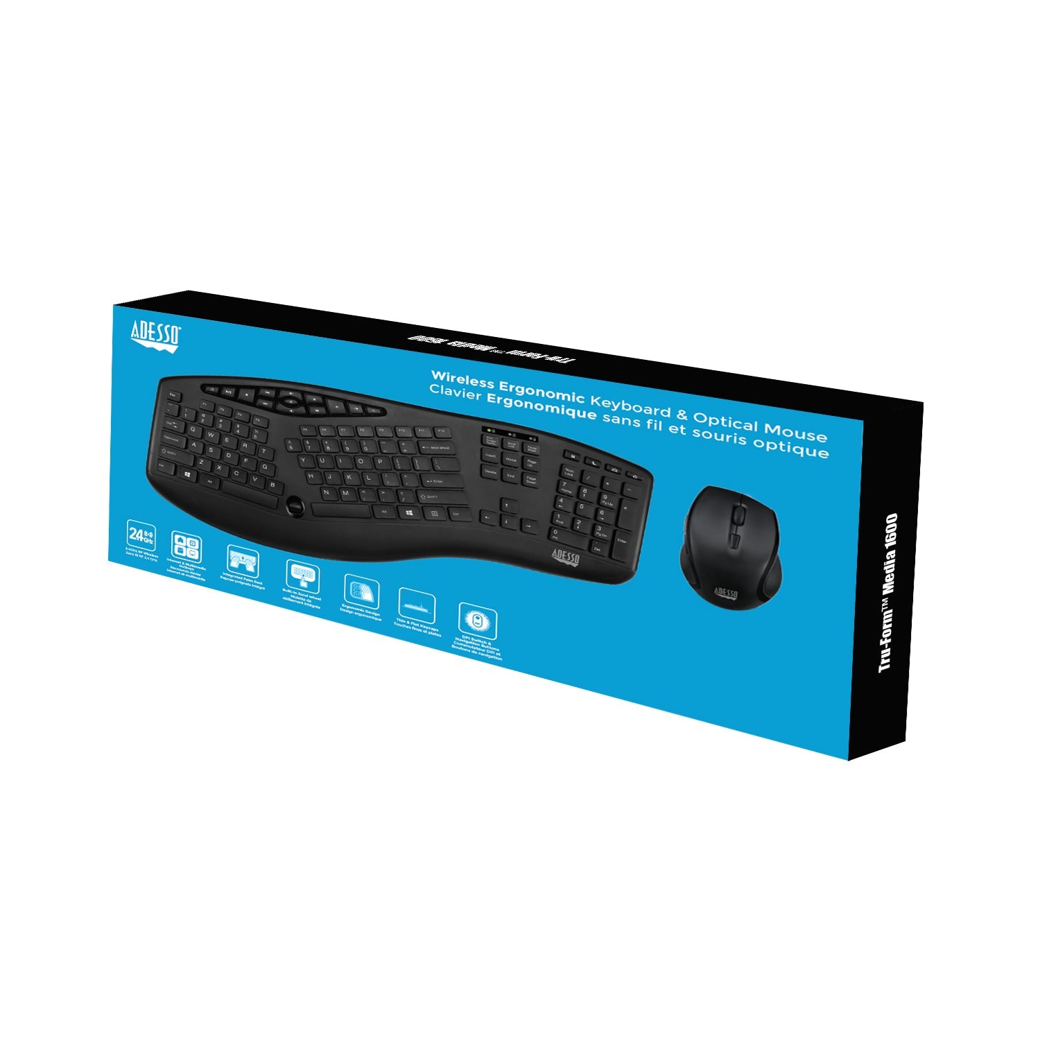 Adesso - TruForm™ 1600 Wireless Ergonomic Keyboard and Optical Mouse (WKB-1600CB) - Canadian French