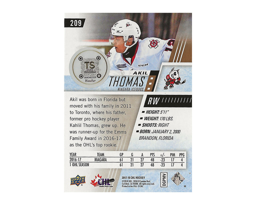 Akil Thomas Autographed 2017-18 Upper Deck CHL #209 Hockey Card
