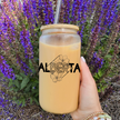 Alberta Diamond Line Art Glass Can with Bamboo Lid | Drink Cup