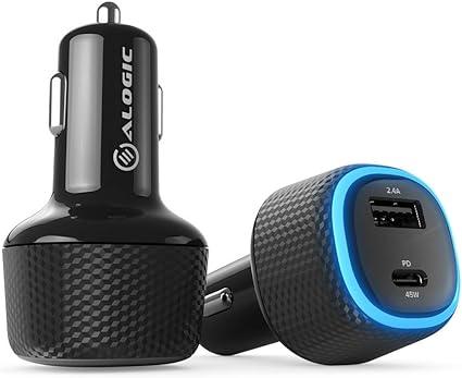 Alogic - Chargeur voiture 2 ports USB-C 45W Power Delivery USB-A 12W charge rapide pour ordinateurs portables, tablettes et téléphones - Câble X - Noir X