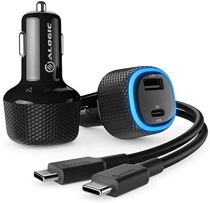 Alogic - Chargeur voiture 2 ports USB-C 45W Power Delivery USB-A 12W charge rapide pour ordinateurs portables, tablettes et téléphones - Câble X - Noir X