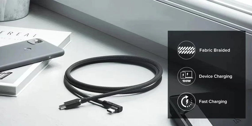 Alogic - Charge et synchronisation USB-C vers USB-C à angle droit, 3 pieds, double tresse - Noir