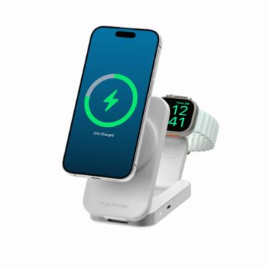 Alogic - Qi2 Charging Stand 2-in-1 Flip 2 Phone (15W) & Watch (3W) Charger with 3ft USB-C to USB-C Cable - White