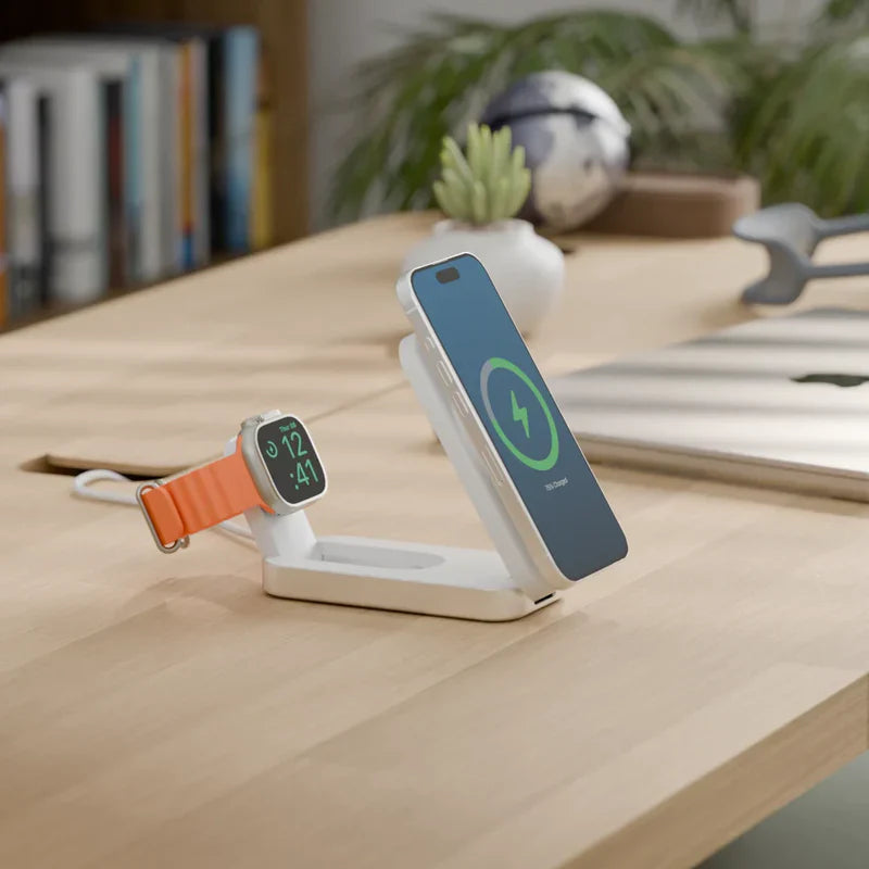 Alogic - Qi2 Charging Stand 2-in-1 Flip 2 Phone (15W) & Watch (3W) Charger with 3ft USB-C to USB-C Cable - White