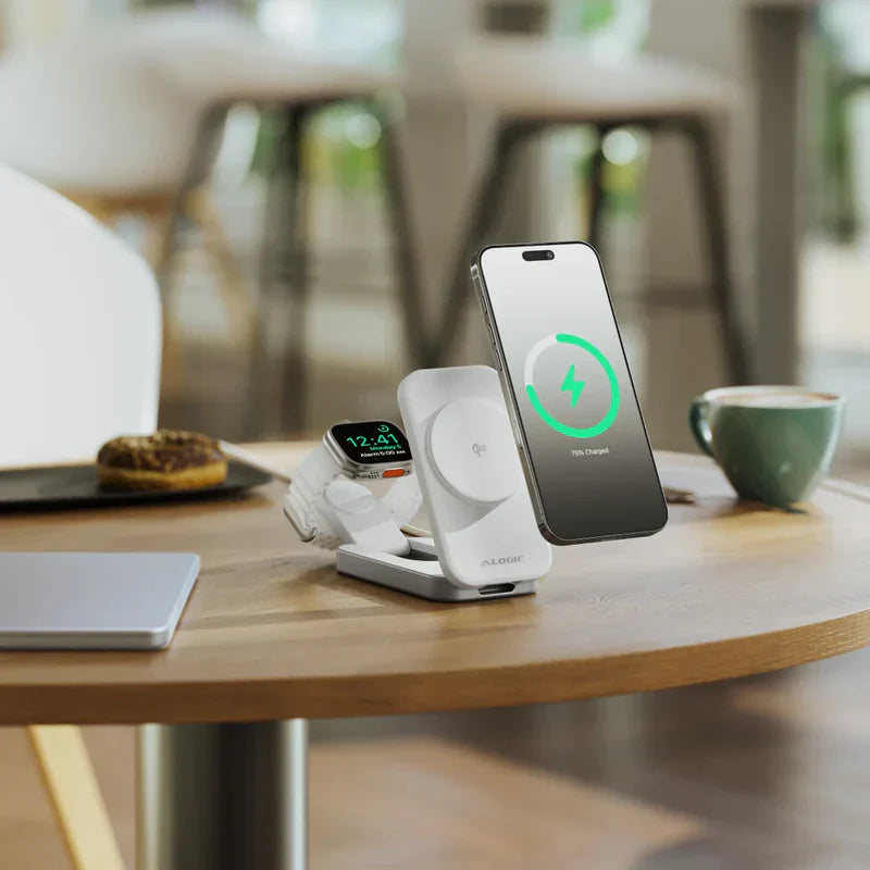 Alogic - Qi2 Charging Stand 2-in-1 Flip 2 Phone (15W) & Watch (3W) Charger with 3ft USB-C to USB-C Cable - White