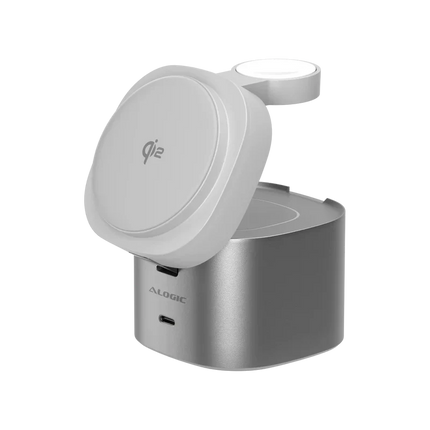 Alogic - Qi2 Charging Stand 4-in-1 Phone & Airpods & Apple Watch Charger & USB-C Charging - White