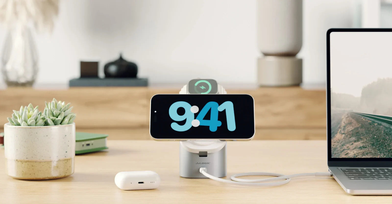 Alogic - Qi2 Charging Stand 4-in-1 Phone & Airpods & Apple Watch Charger & USB-C Charging - White