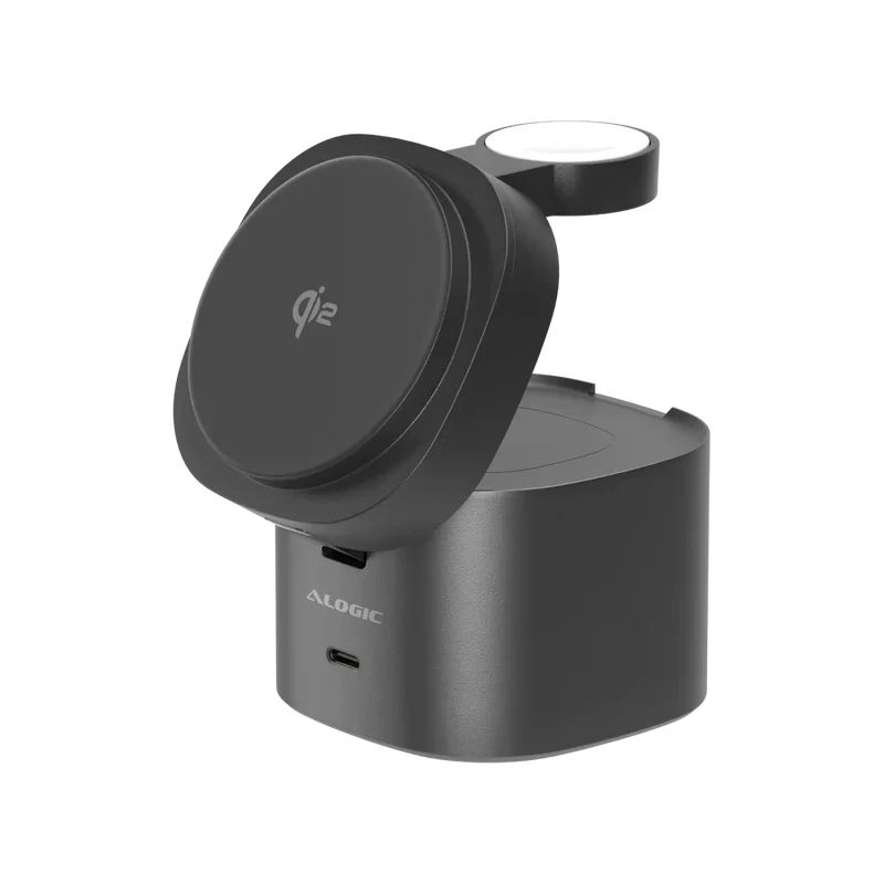 Alogic - Support de charge Qi2 4-en-1 PowerPod pour téléphone (15W) et montre (3W), AirPods (5W) + USB-C (30W) avec câble USB-C vers USB-C de 3 pieds - Noir