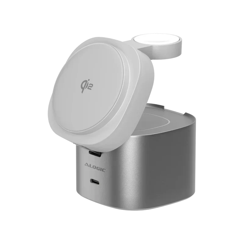 Alogic - Support de charge Qi2 4-en-1 PowerPod pour téléphone (15W) et montre (3W), AirPods (5W) + USB-C (30W) avec câble USB-C vers USB-C de 3 pieds - Noir