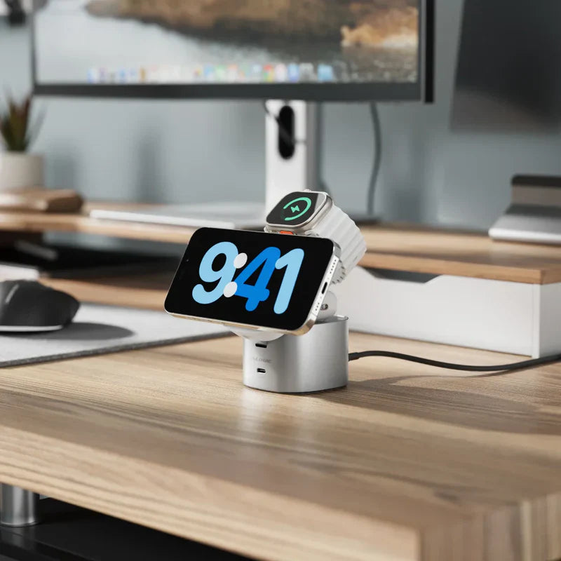 Alogic - Support de charge Qi2 4-en-1 PowerPod pour téléphone (15W) et montre (3W), AirPods (5W) + USB-C (30W) avec câble USB-C vers USB-C de 3 pieds - Noir