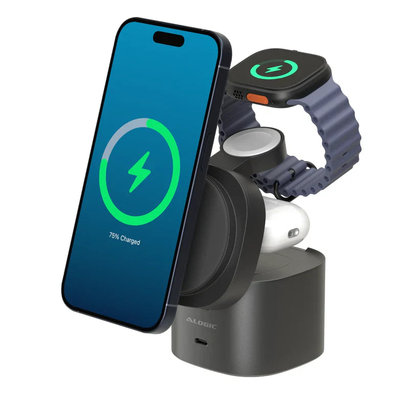 Alogic - Support de charge Qi2 4-en-1 PowerPod pour téléphone (15W) et montre (3W), AirPods (5W) + USB-C (30W) avec câble USB-C vers USB-C de 3 pieds - Noir