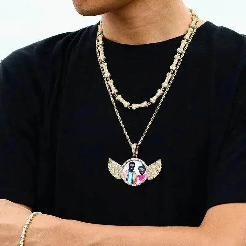 Angel Wings Medallions Custom Photo Pendant Necklace For Men Hip Hop Jewelry Iced Out Pendant Custom Engraved Name Memory Gift