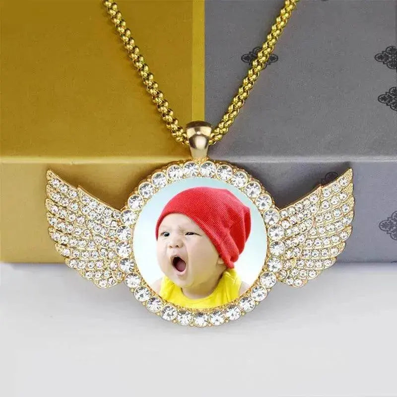 Angel Wings Medallions Custom Photo Pendant Necklace For Men Hip Hop Jewelry Iced Out Pendant Custom Engraved Name Memory Gift