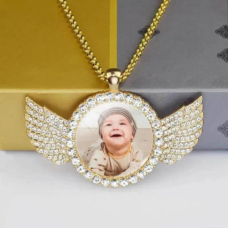 Angel Wings Medallions Custom Photo Pendant Necklace For Men Hip Hop Jewelry Iced Out Pendant Custom Engraved Name Memory Gift