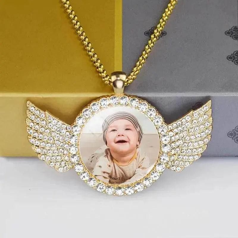 Angel Wings Medallions Custom Photo Pendant Necklace For Men Hip Hop Jewelry Iced Out Pendant Custom Engraved Name Memory Gift