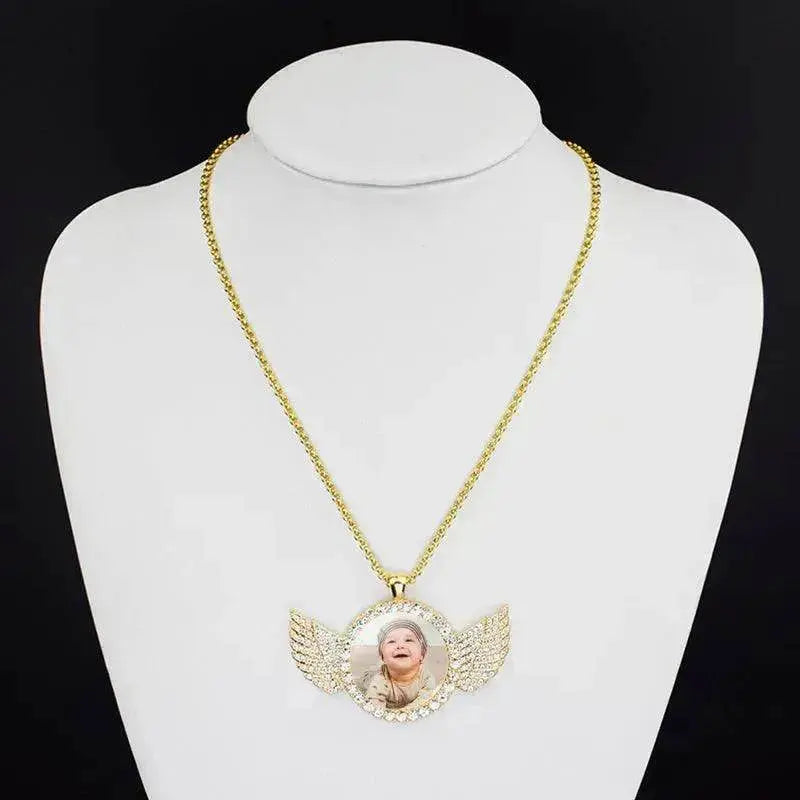 Angel Wings Medallions Custom Photo Pendant Necklace For Men Hip Hop Jewelry Iced Out Pendant Custom Engraved Name Memory Gift