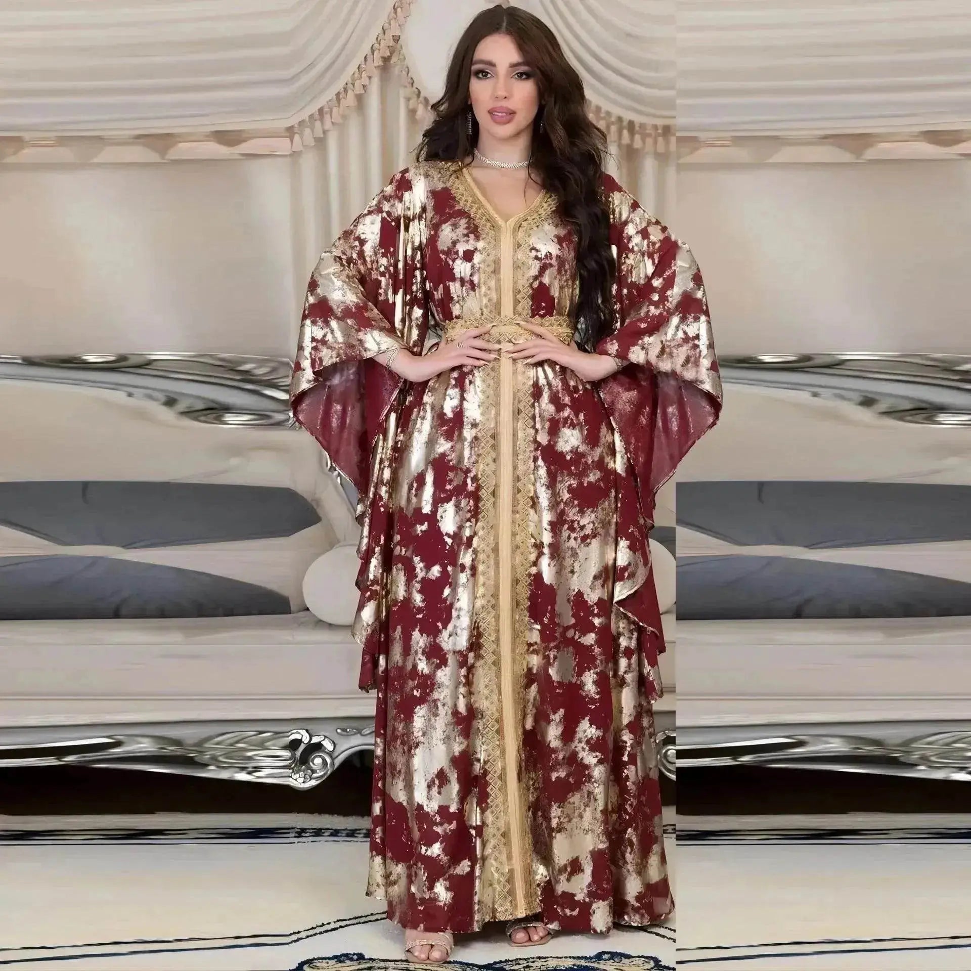 Arab  Chiffon Bronzing Robe Containing Belt Dress