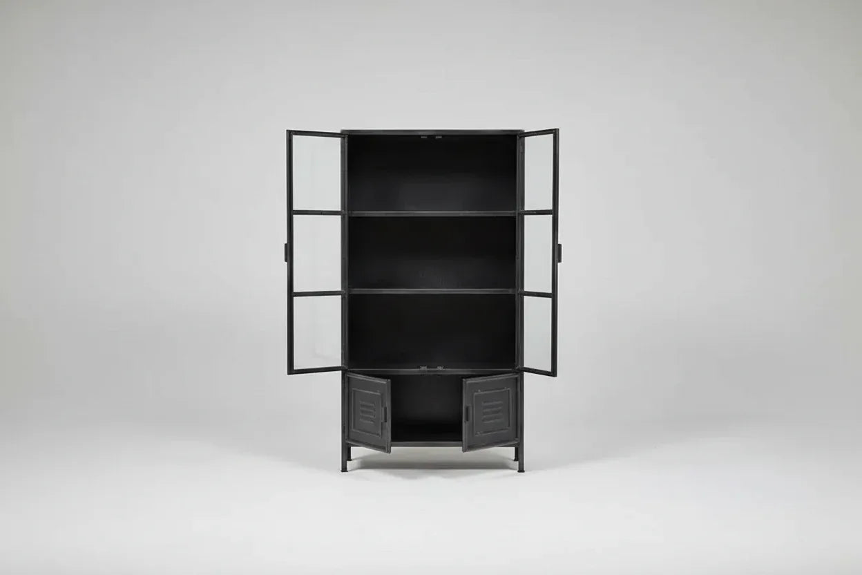 Armoire vintage en acier noir avec portes vitrées