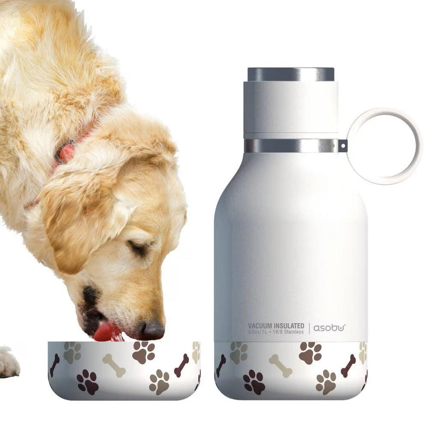 Asobu - Pet Bowl Attached to Stainless Steel Insulated Travel Water Bottle 33 Oz (white)