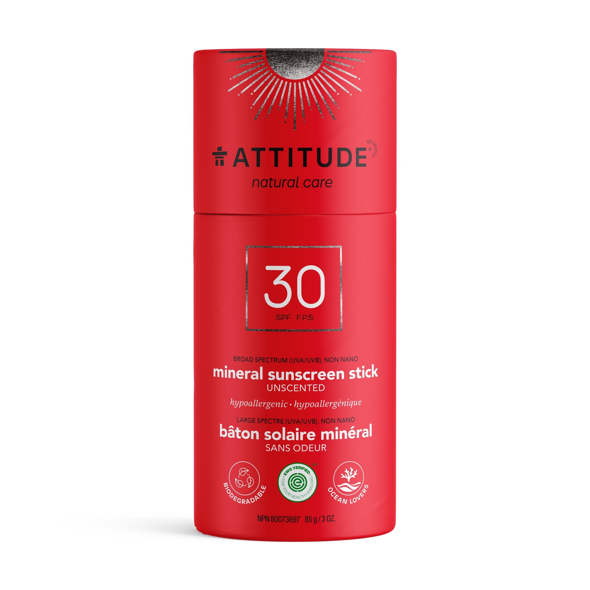 Attitude SPF30 Sunscreen Stick - Unscented, 85g