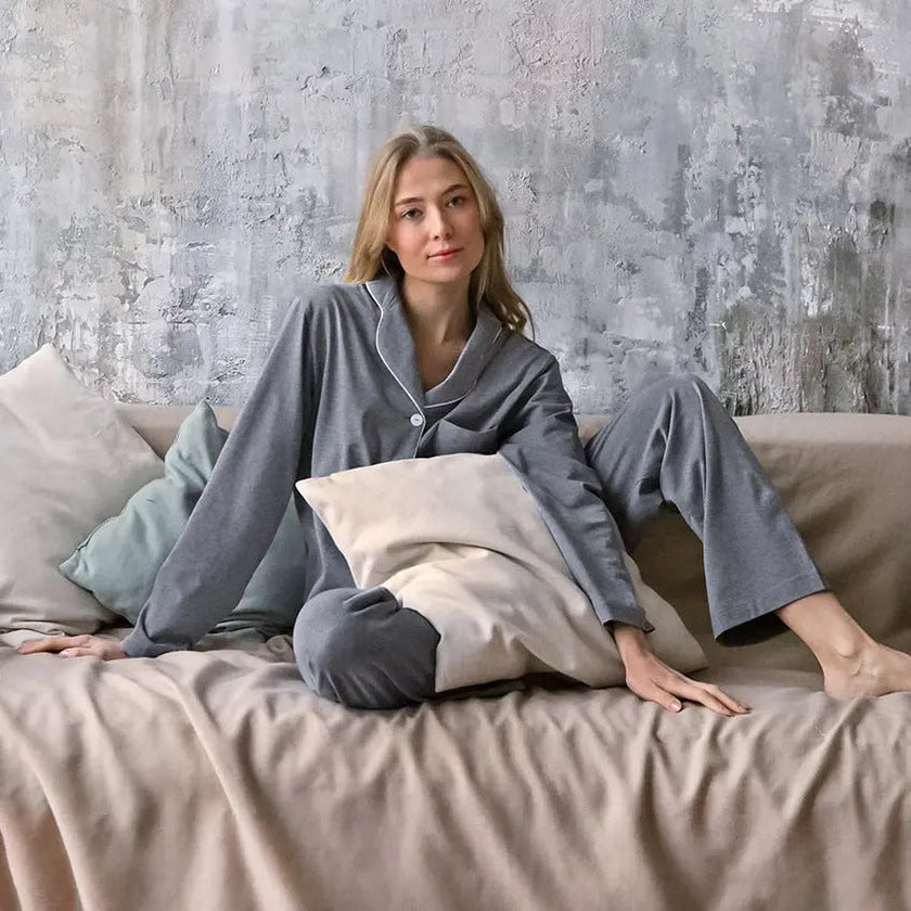 Autumn New French Simplicity Comfortable Thermal Knitting Cotton Silk Long-sleeved Pajamas For Women