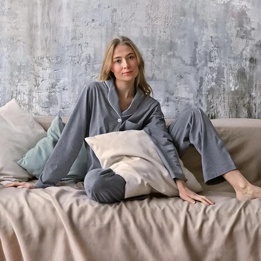 Autumn New French Simplicity Comfortable Thermal Knitting Cotton Silk Long-sleeved Pajamas For Women