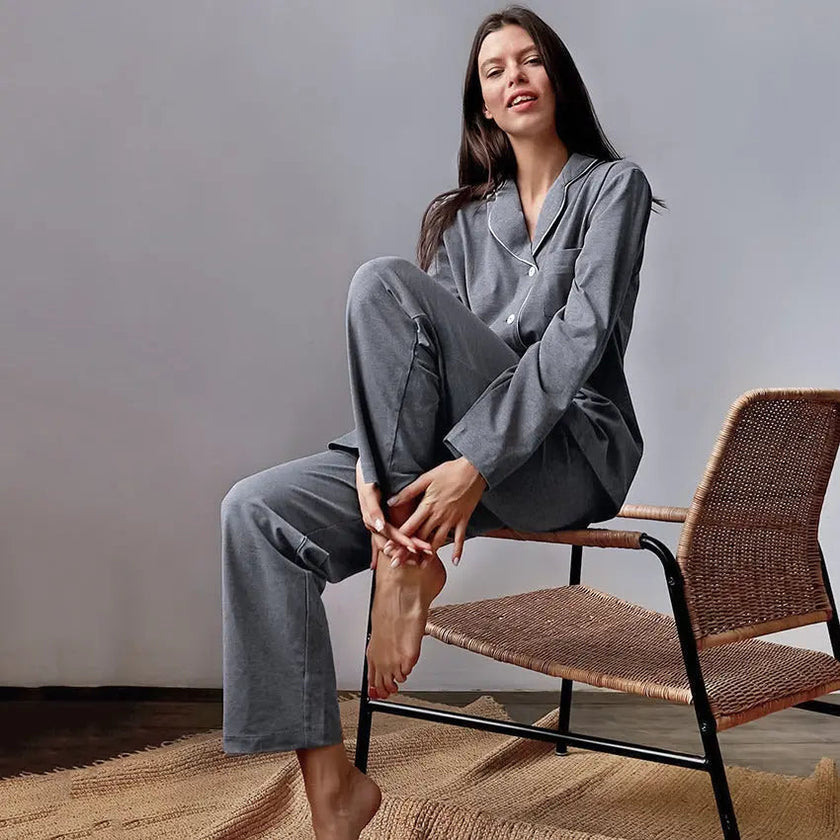 Autumn New French Simplicity Comfortable Thermal Knitting Cotton Silk Long-sleeved Pajamas For Women