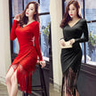 Autumn Dress – Slim Midi V-Neck Cotton Blend Dress with Tassels