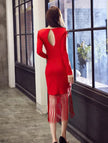 Autumn Dress – Slim Midi V-Neck Cotton Blend Dress with Tassels