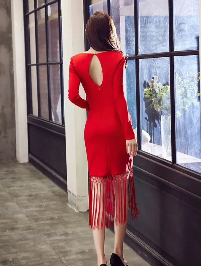 Autumn Dress – Slim Midi V-Neck Cotton Blend Dress with Tassels